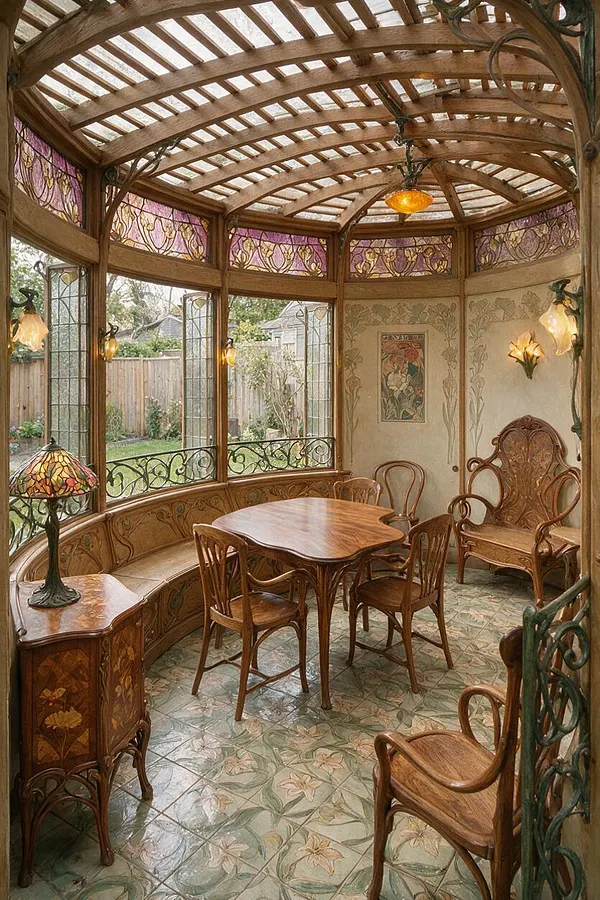 A small Art Nouveau-style backyard conservatory with a curved wood-and-glass roof, stained-glass window panels, and decorative wrought-iron accents. Inside are carved wooden chairs and table, floral wall art, a stained-glass lamp, and patterned tile flooring, with the garden visible through tall windows.
