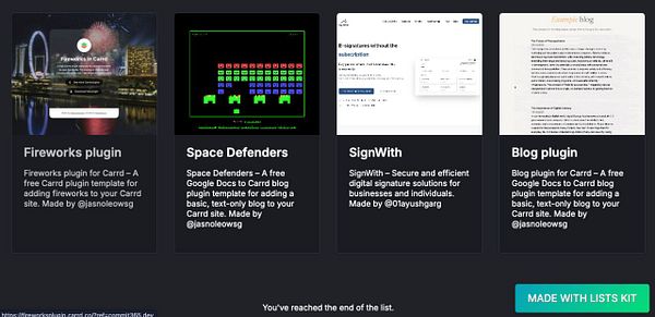 The image displays a directory listing of four projects, including descriptions and links for each.