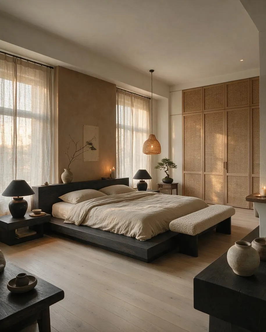A calm Japandi-style bedroom with a low black platform bed dressed in beige bedding, black bedside tables, and soft sheer curtains filtering warm daylight. A woven rattan wardrobe, hanging pendant lamp, and simple ceramic decor add natural texture and a peaceful, minimal atmosphere.