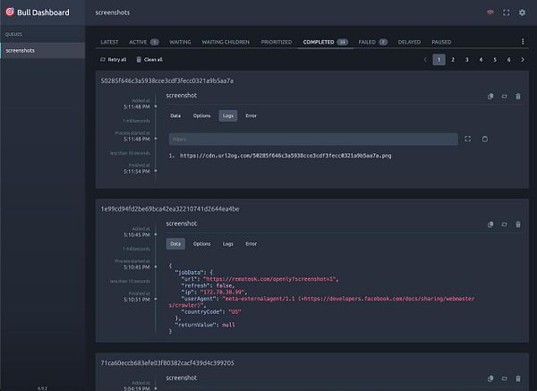 The image displays the Bull Dashboard interface showing completed tasks related to screenshots.