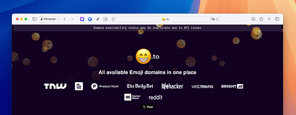 The image displays a webpage for emoji domains with a notification about potential inaccuracies in availability status due to API issues.