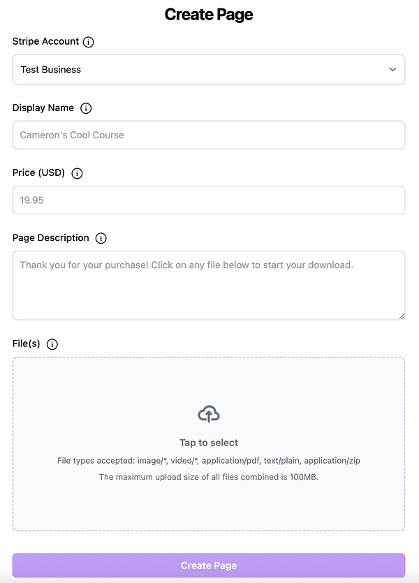 The image displays a user interface for creating a page in a Stripe account.