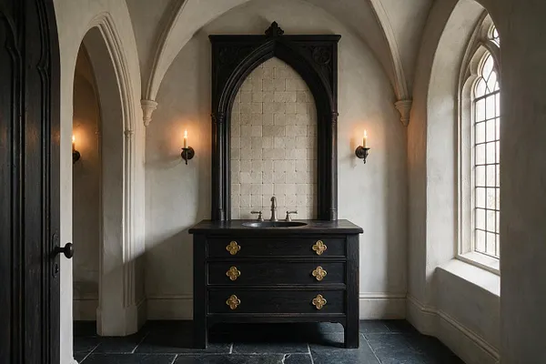 A Gothic-style powder room with a black vanity centered beneath a tall pointed arch mirror frame and tiled backsplash. The room features cream vaulted walls, stone-look floor tiles, brass drawer pulls, wall sconces with candle-style lights, and a large leaded window on the right.