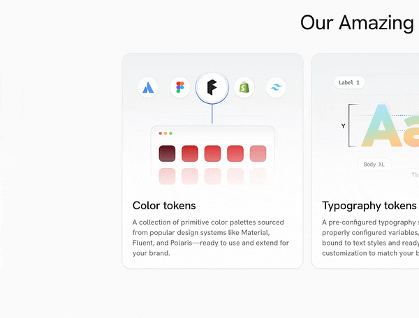 The image features a design interface showcasing color and typography tokens for a website.