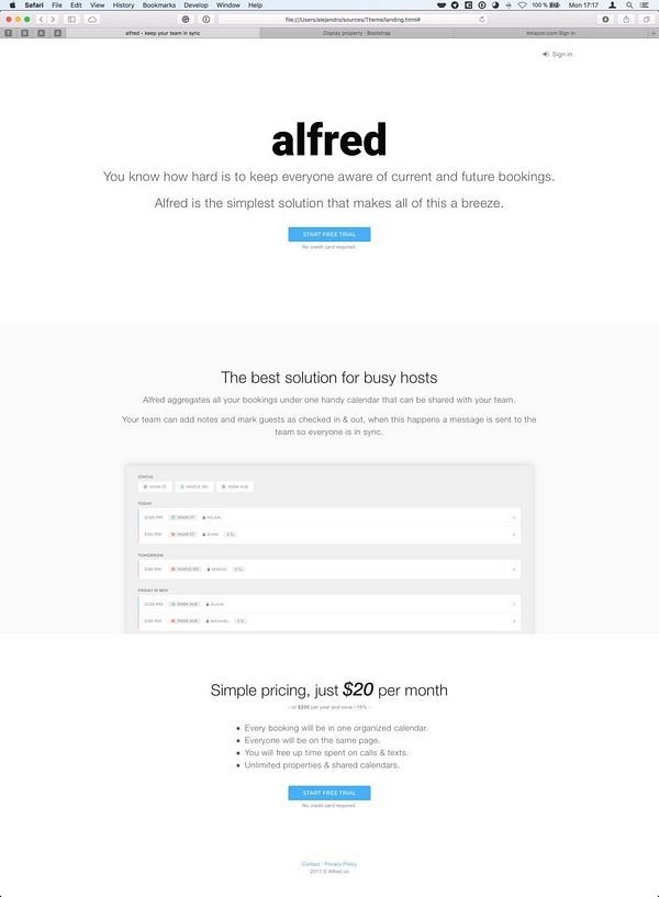 A webpage design for Alfred, a booking management tool, highlighting its features and pricing.