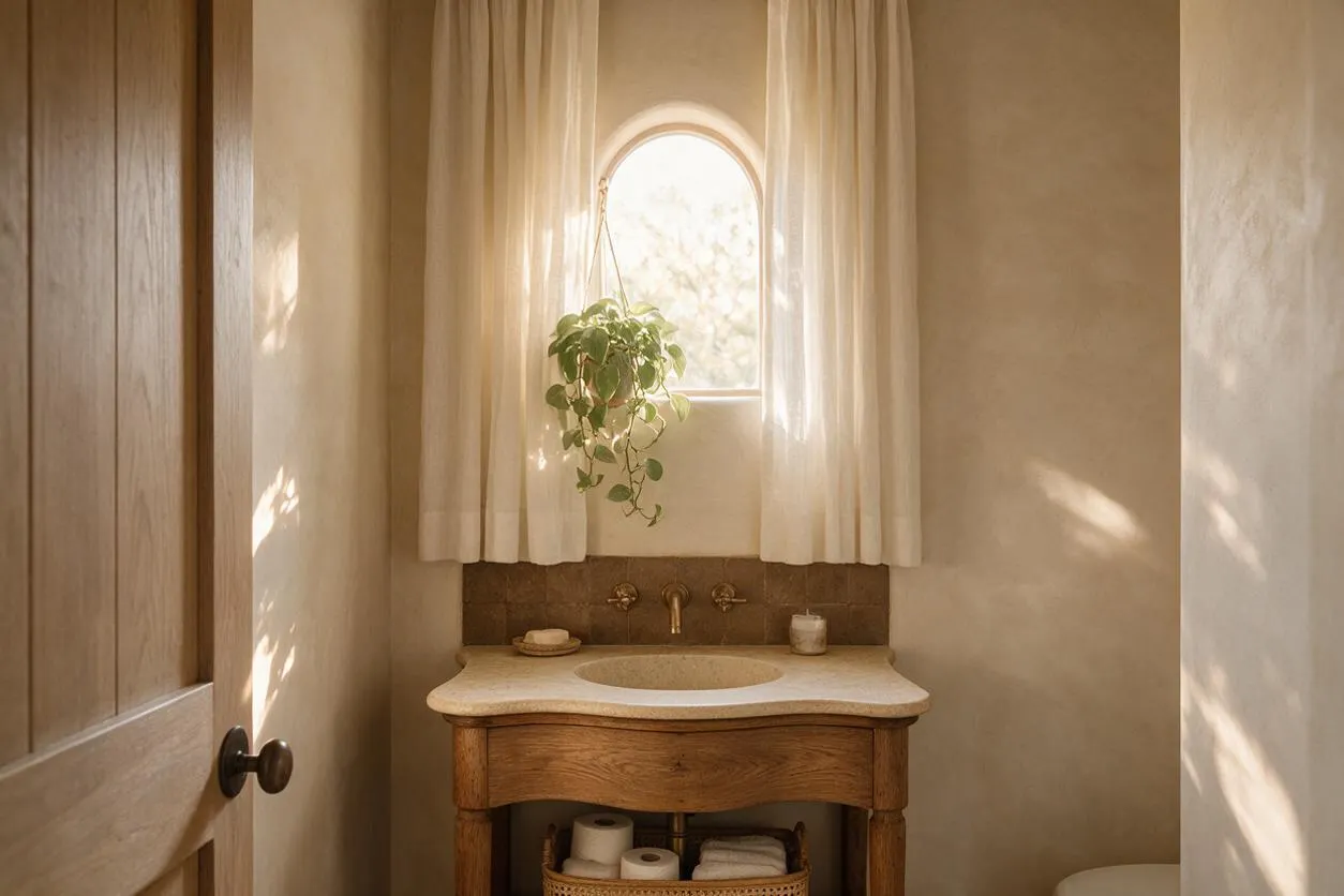 A small powder room with warm beige plaster walls, a curved wood vanity, and a light stone sink counter. Sheer curtains frame an arched window with a hanging green plant, filling the space with soft natural light and a calm, organic feel.