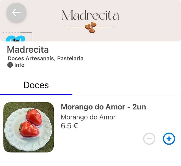 The image displays a menu item from a pastry shop featuring a dessert called 'Morango do Amor'.