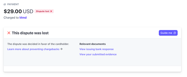 The image displays a payment dispute notification indicating that the dispute was lost.
