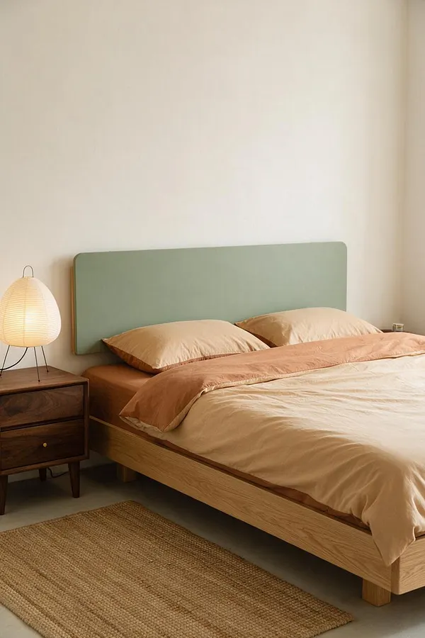 A calm guest bedroom features a low light oak bed with a muted sage upholstered headboard, layered beige and blush bedding, and a dark wood nightstand. A paper lantern-style lamp adds soft ambient light beside a woven jute rug and warm neutral walls.