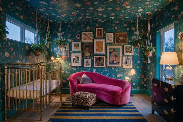 A maximalist nursery with teal floral wallpaper and a matching ceiling, a brass crib on the left, and a vivid magenta velvet chaise lounge centered on a striped blue-and-gold rug. Framed artwork fills the back wall, with hanging plants, a black chest of drawers, and warm table and floor lamps creating a cozy, layered glow.