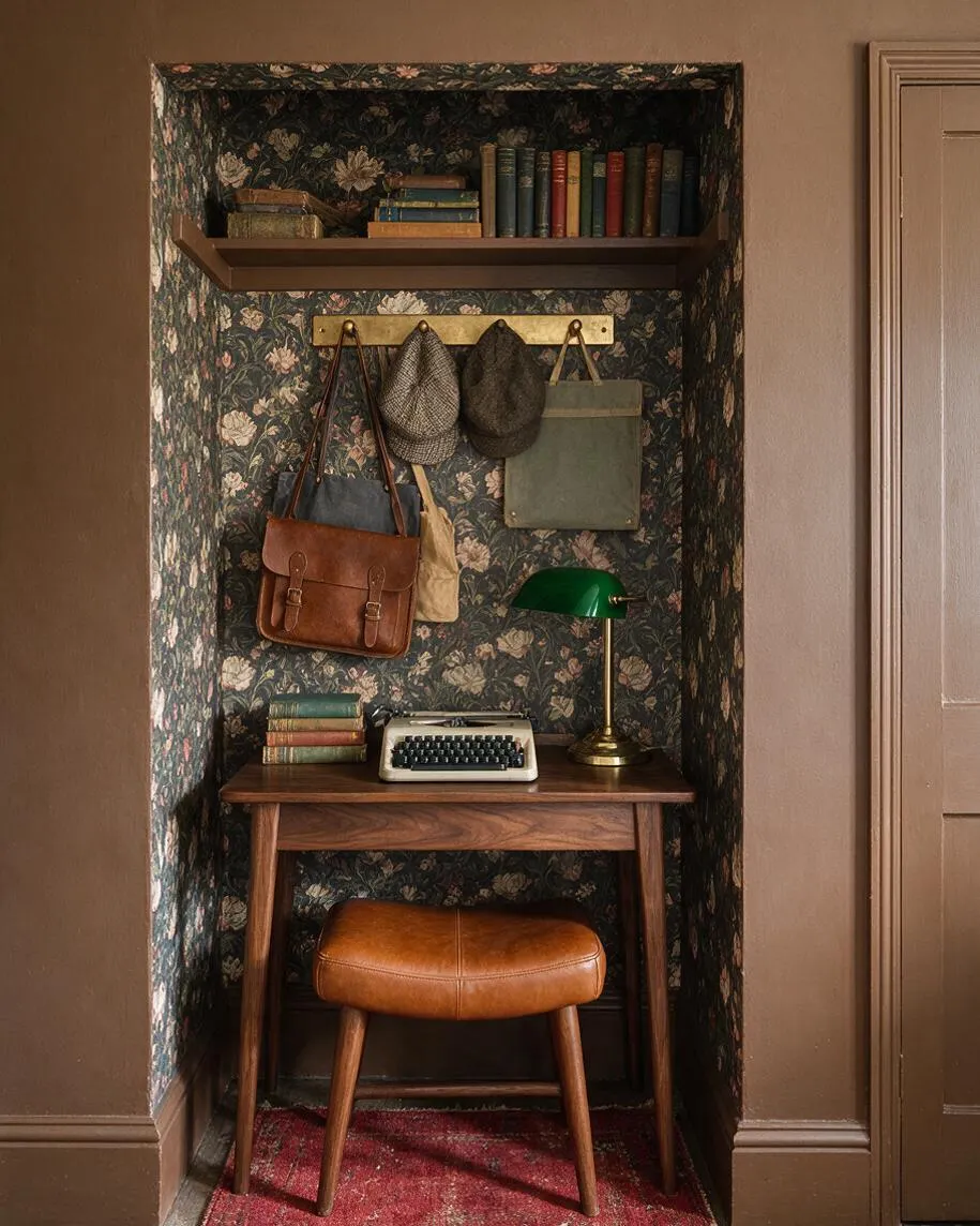 A compact kids' study nook with floral dark wallpaper, a walnut desk, leather stool, and a green desk lamp. Built-in shelves hold books and bags, creating a cozy, vintage-inspired corner with a scholarly Dark Academia feel.