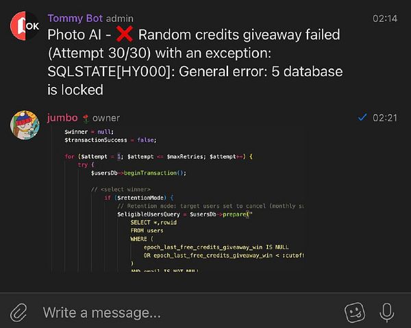 A screenshot of a chat interface discussing a failed PHP script for a random credits giveaway due to database locking errors.