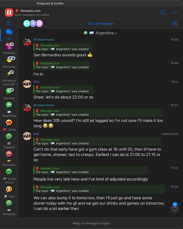 Telegram chat interface displaying a conversation about enabling new tabs with a list of chat entries on the left and a message input area on the right.