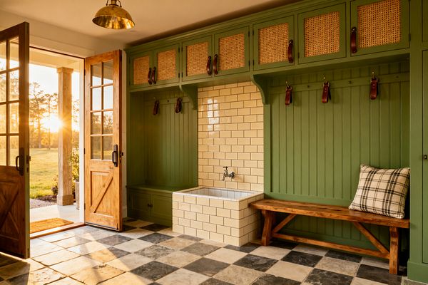 A farmhouse mudroom with sage green beadboard cabinetry and upper cabinets with woven cane panels. A central tiled utility sink with cream subway tiles and a wall-mounted faucet sits between lockers with brass hooks and leather strap hangers. A rustic solid wood bench with a plaid cushion lines the right side. The floor is a large-format stone checkerboard in charcoal and ivory. Natural light streams through wood-framed French doors, complemented by a brass dome ceiling light.