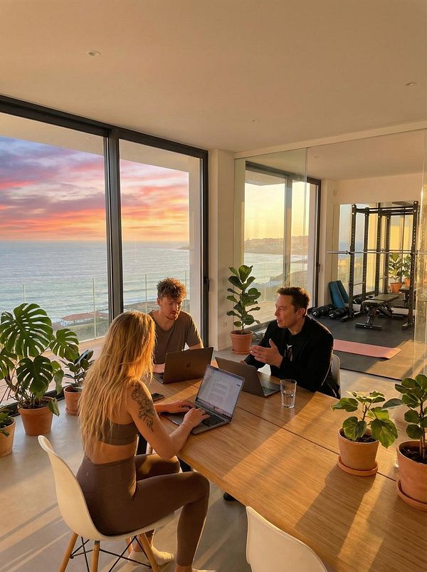 A group of three individuals collaborates at a stylish coworking space with a stunning ocean view during sunset.