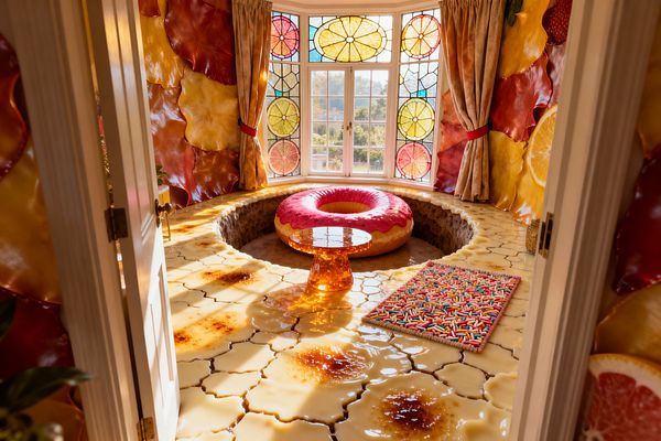 Whimsical living room viewed through open double doors, featuring a circular sunken pit with a glossy pink donut-shaped sofa at the center and an amber resin pedestal table. Custard-colored hex tiles with caramelized patches cover the floor, while rippled red and yellow candy-like wall panels surround a bay window of citrus-slice stained glass; beige curtains and a multicolored sprinkle-patterned rug complete the playful scene as sunlight floods the space.