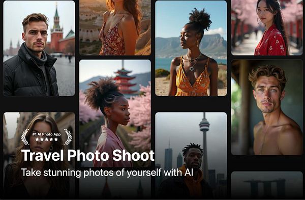 A collage of diverse individuals showcasing travel-themed photos created with an AI photo app.