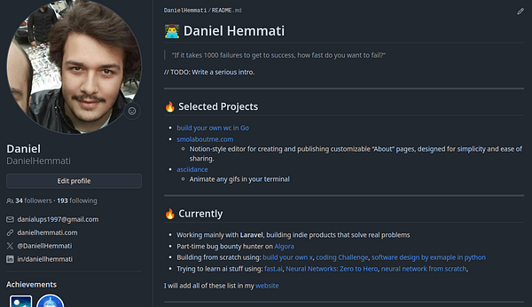 The image displays a GitHub profile page for a user named Daniel Hemmati, featuring a personal photo, selected projects, and current activities.