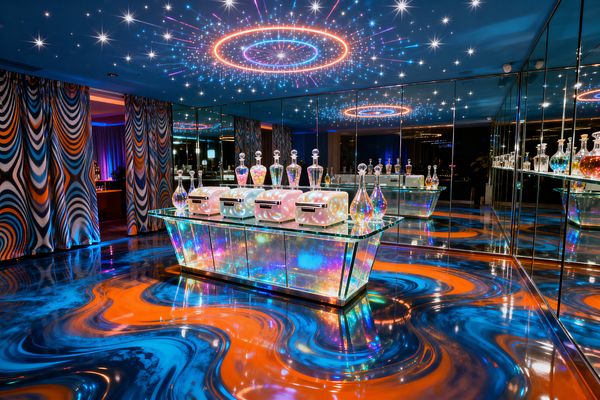 A futuristic, psychedelic laundry room with mirrored walls and a glass-topped island under a starry LED ceiling with a neon ring. The high-gloss epoxy floor swirls in electric blue and tangerine, reflecting an illuminated iridescent island base. Pearlized compact machines and apothecary-style glass decanters for detergents line the island. Op-art draperies in blue, orange, black, and white add movement and complete the vivid, reflective atmosphere.