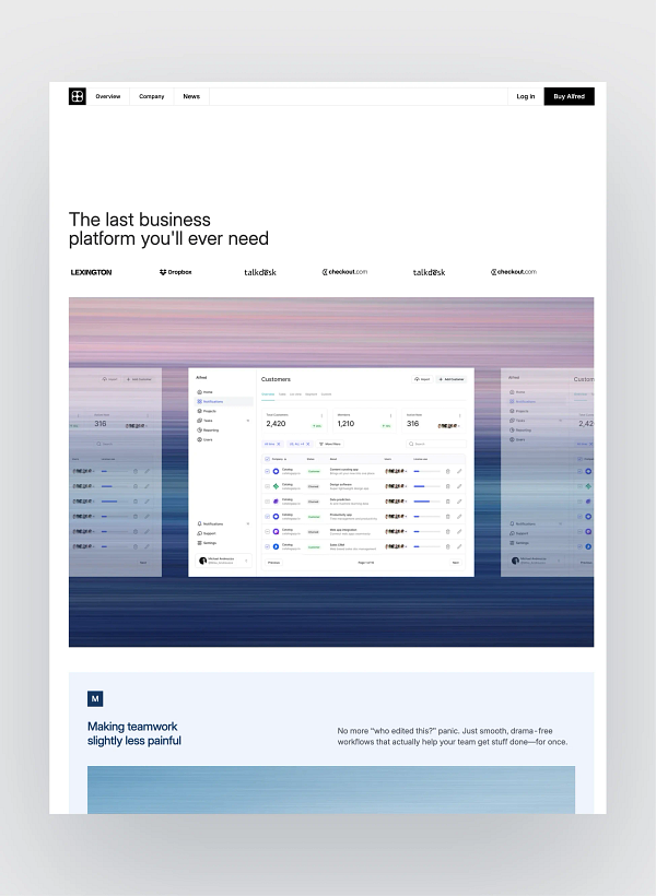 Screenshot of the Alfred SaaS theme homepage for Astro, showing sections about features, subscription plans, and a donation widget.