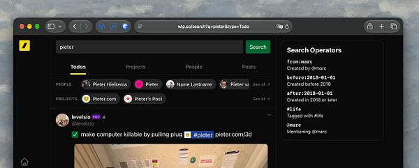 Dark mode web interface displaying search results for 'pieter' with categorized tabs and search operators guide.