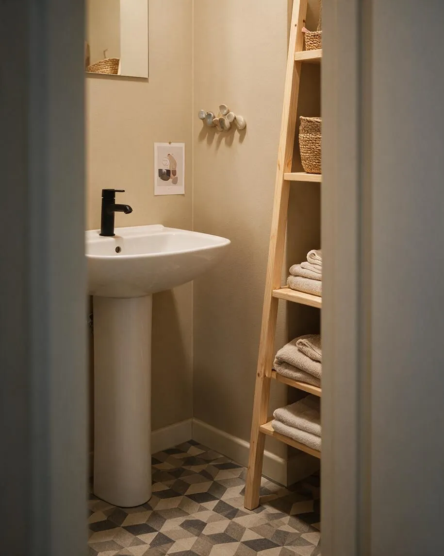 A small Scandinavian-style powder room with beige walls, a white pedestal sink, and a matte black faucet. A light wood ladder shelf holds woven baskets and folded towels, and the geometric patterned floor tile adds subtle texture and visual interest.