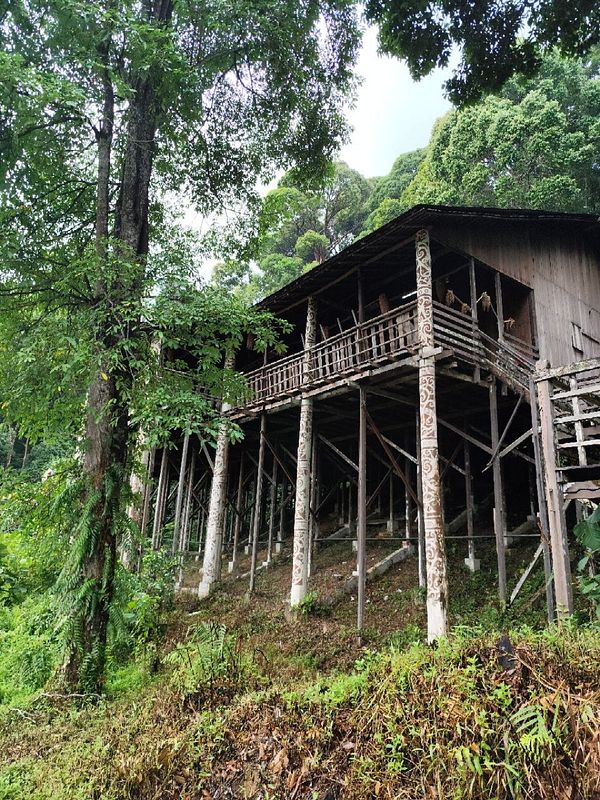 A scenic view of a traditional longhouse in Sarawak Cultural Village with clear blue skies and lush green surroundings.