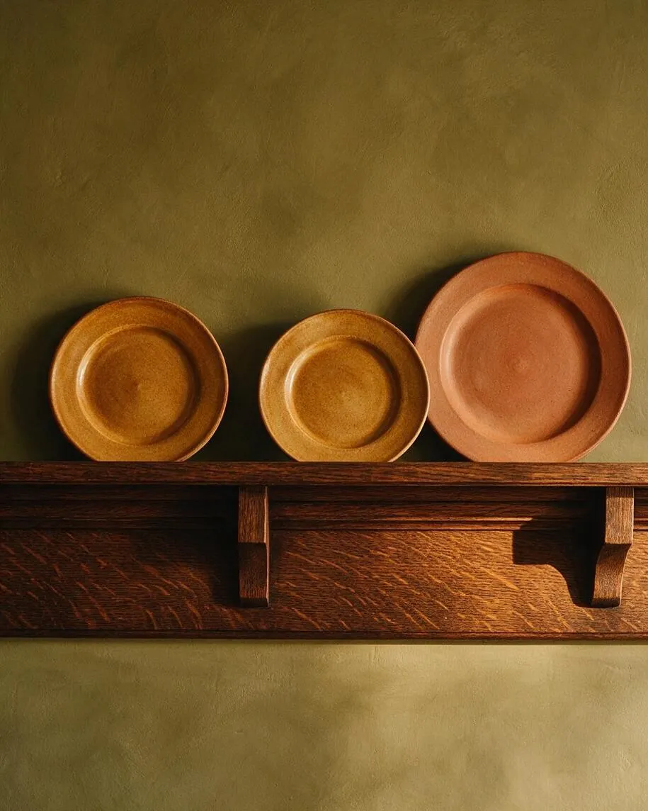 A close-up of three round ceramic plates in warm earthy tones displayed on a dark stained wooden shelf against a muted olive green plaster wall. The shelf has visible grain, simple bracket supports, and a handcrafted Craftsman look.