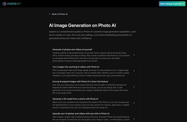 The image displays a webpage for Photo AI, focusing on AI image generation capabilities.
