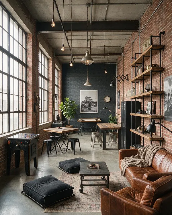 An industrial-style game room in a loft setting with exposed brick walls, large factory windows, and a raw concrete ceiling with visible beams and hanging Edison bulbs. The room includes foosball and game tables, metal stools, black lockers, open wood-and-metal shelving, leather seating, and floor cushions on a worn area rug.