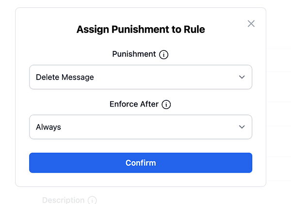 A modal interface for assigning punishments to rules in a system.