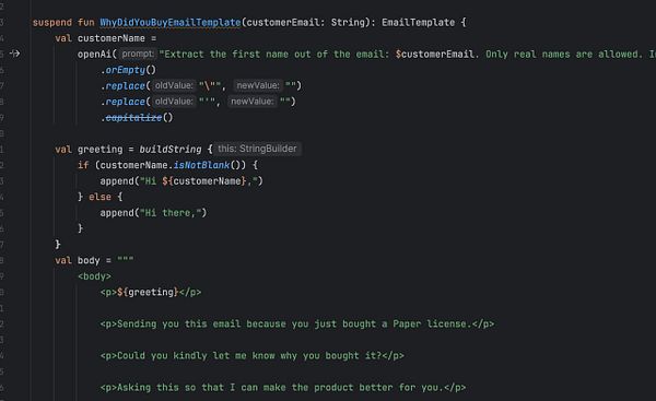 The image displays a code snippet for an email template function related to customer purchases.