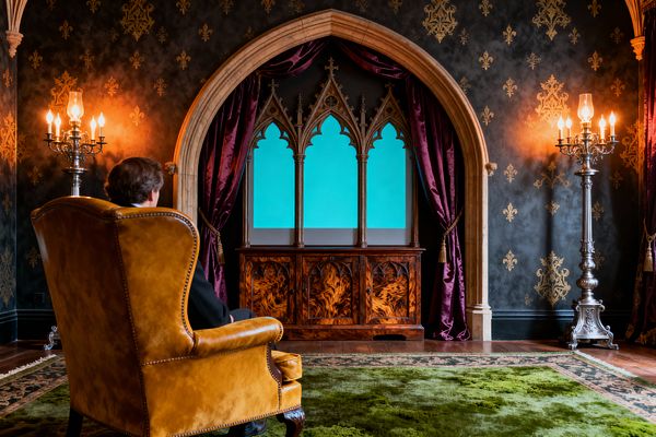A richly atmospheric media room features a wide stone Gothic arch framing a modern screen, set behind triple lancet tracery and flanked by aubergine velvet curtains with tassel tiebacks. A person sits in a cognac leather wingback chair on a moss‑green rug, facing a flame‑mahogany cabinet, while polished silver candelabra floor lamps cast warm light across charcoal walls stenciled with gold fleur‑de‑lis.
