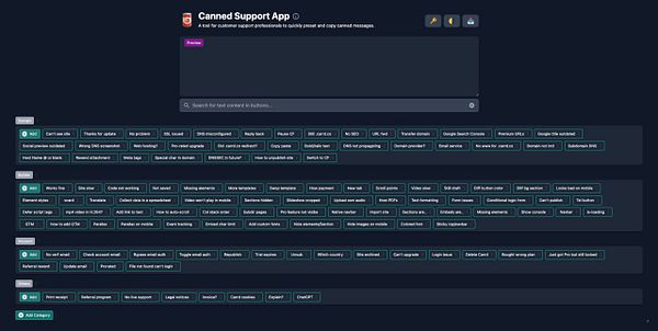 The image displays the interface of the Canned Support App, showcasing various preset messages for customer support.