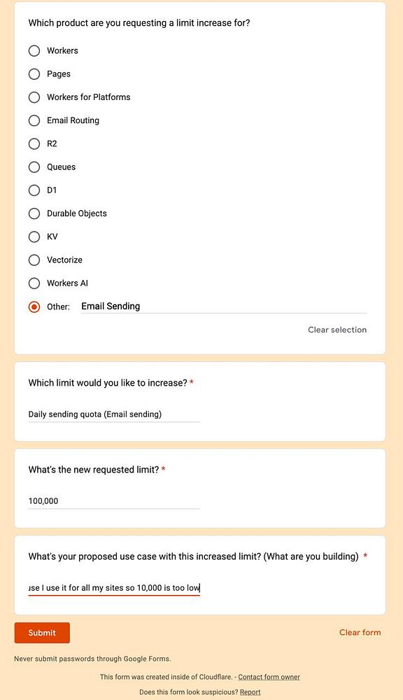 Screenshot of Cloudflare dashboard showing email sending limit details and request button.