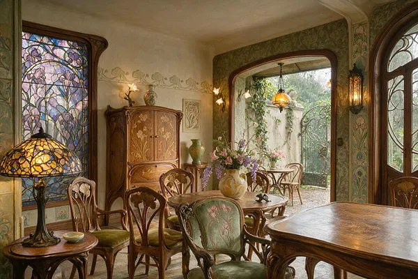 A richly decorated Art Nouveau room with curved wooden furniture, stained glass windows, floral wall murals, and a warm amber hanging lamp. An open arched doorway leads to a vine-covered outdoor terrace with matching wrought-iron details and more seating.