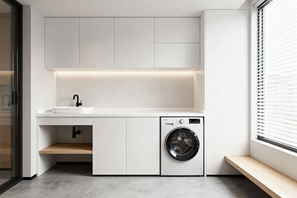 A clean, white laundry room features handleless upper and lower cabinets, a slim white quartz countertop, and a ceramic vessel sink with a matte black faucet. A front-load washer is built into the base units, an open niche with a natural oak shelf sits under the sink, and a matching oak bench runs beneath a large window with blinds; under-cabinet LED lighting illuminates the smooth plaster wall and polished concrete floor, while a black-framed glass door encloses the space.