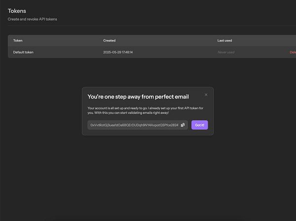 The image displays a user interface for managing API tokens with a notification about a newly created token.