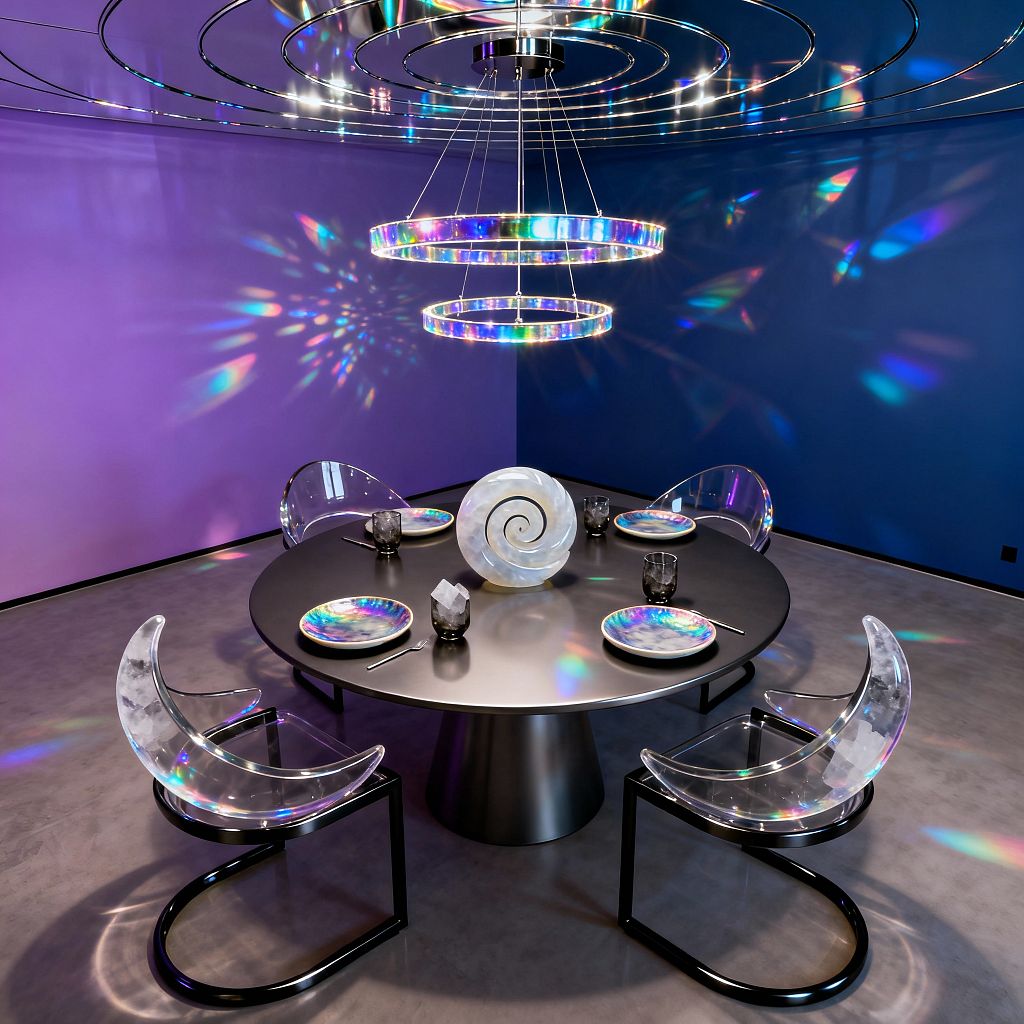 A futuristic dining room features a round matte-black pedestal table surrounded by four crescent-shaped clear acrylic chairs on black cantilever bases. Above, a multi-ring iridescent chandelier projects rainbow refractions across cobalt blue and violet walls. The gray concrete floor grounds the scene. Place settings include iridescent plates and smoky tumblers, with a spiral shell-like sculpture and a quartz crystal at the center.
