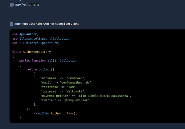 The image displays a code snippet from a PHP file related to an Author repository in a software application.