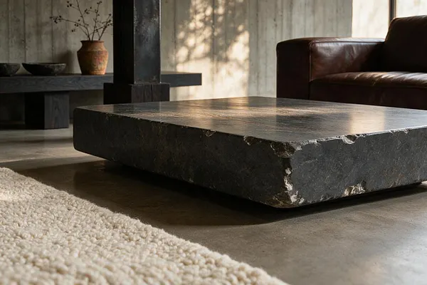 A low, blocky coffee table made from dark stone sits in a warm minimalist living room. Its thick slab form, rough chipped edges, and polished top contrast with a leather sofa, textured neutral rug, and concrete-like floor.