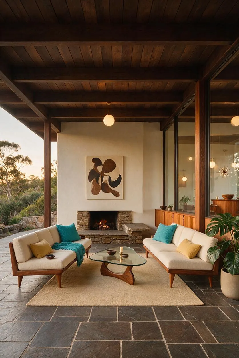 A covered backyard patio styled in mid-century modern design, featuring two cream upholstered sofas with warm wood frames facing a low glass coffee table on a neutral rug. A stone fireplace with abstract wall art anchors the back wall, while dark slate flooring, a wood ceiling, and large glass walls create a warm indoor-outdoor feel.
