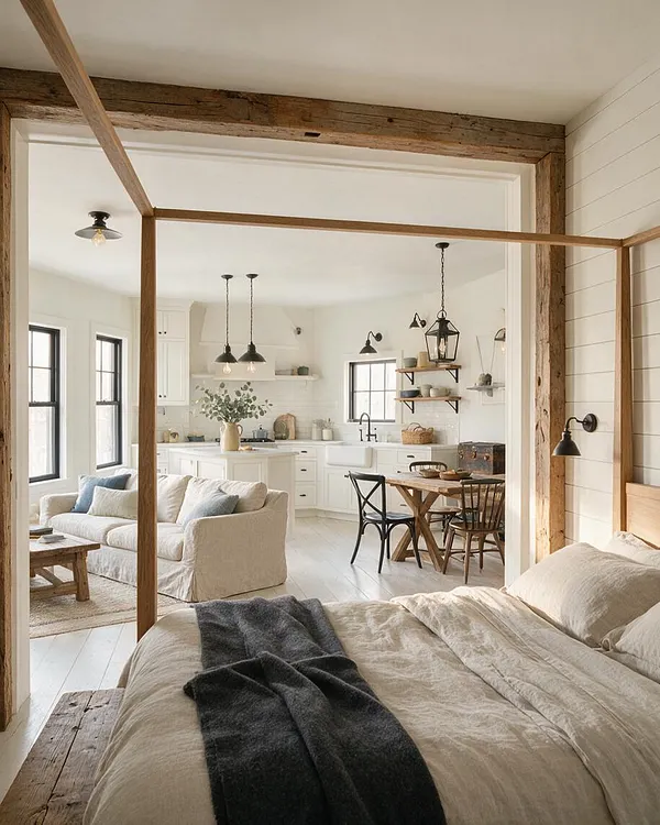 A cozy studio apartment combines a bedroom, living area, and kitchen in one open space. The room features white shiplap walls, exposed reclaimed wood beams, black metal lighting, linen bedding, and a small farmhouse dining table, creating a warm rustic look.