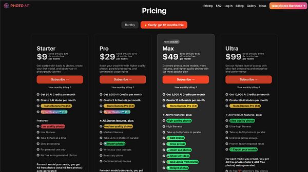 Website pricing section showing three subscription plans with the middle plan labeled as Max and the one on the left labeled Free.