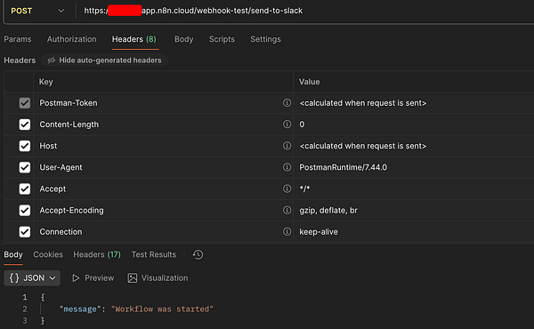A screenshot of a Postman interface displaying a POST request setup for an n8n workflow.
