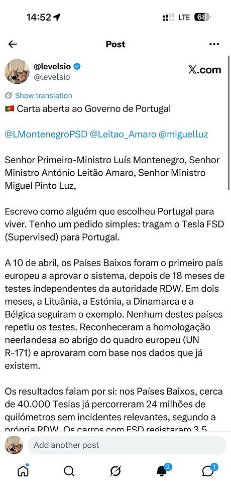 Screenshot of a Twitter post by Levelsio about Tesla autopilot's Full Self Driving being only available in Portugal.