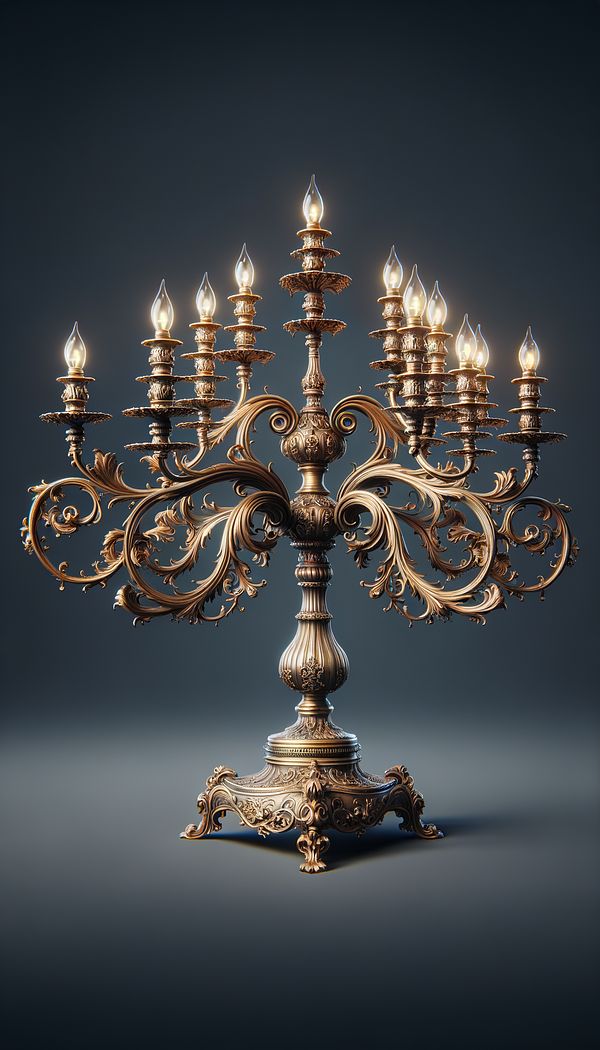 an ornate, branched candlestick or light fixture known as a girandole, made of bronze or brass, featuring intricate designs