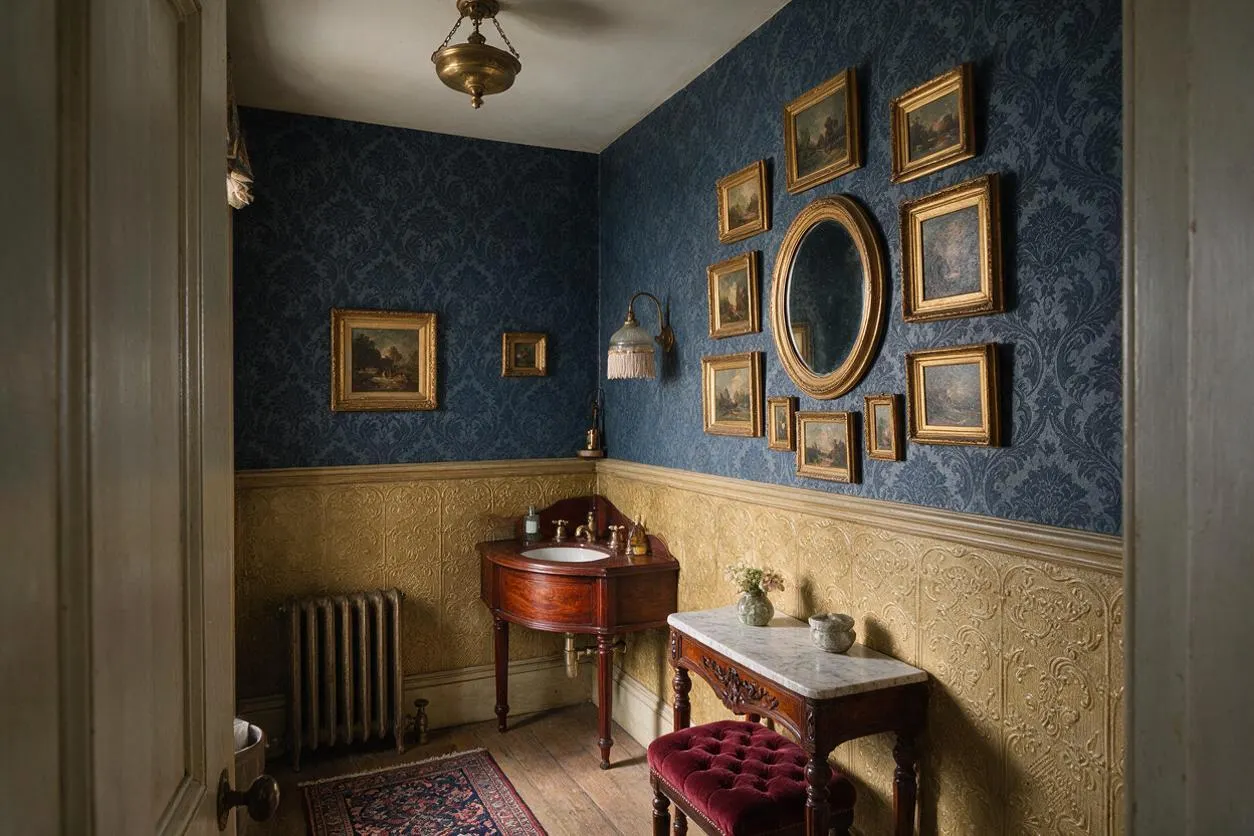 A Victorian-style powder room with dark blue patterned wallpaper above embossed gold wainscoting, a small curved wood vanity, and an oval mirror surrounded by framed artwork. The room also includes a marble-topped side table, a tufted burgundy stool, a vintage radiator, and an antique-style ceiling light.