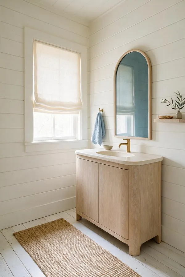 A bright powder room with white shiplap walls, a light oak vanity with a pale stone countertop, and a tall arched mirror. A small window with a sheer Roman shade, brass faucet, woven rug, and minimal decor create a calm coastal feel.