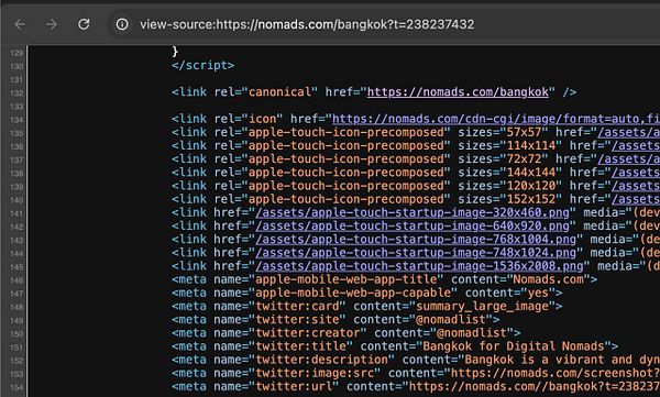 The image displays the source code of a webpage with a focus on canonical links and meta tags.